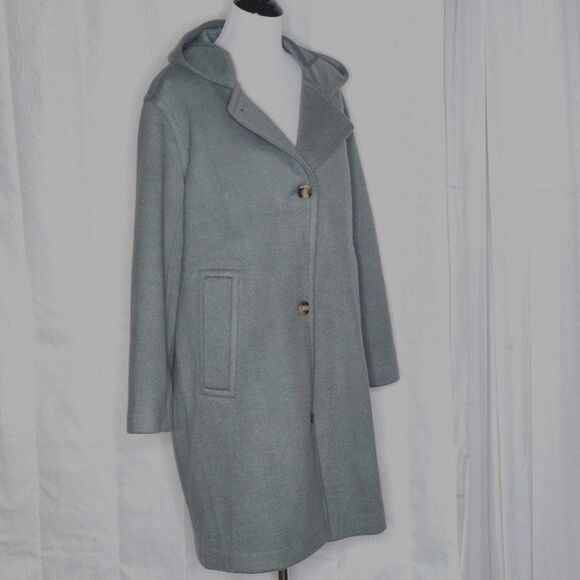 Ann Taylor Gray Green Wool Blend Button Front Hooded Oversized Mid Length Coat - Picture 2 of 9